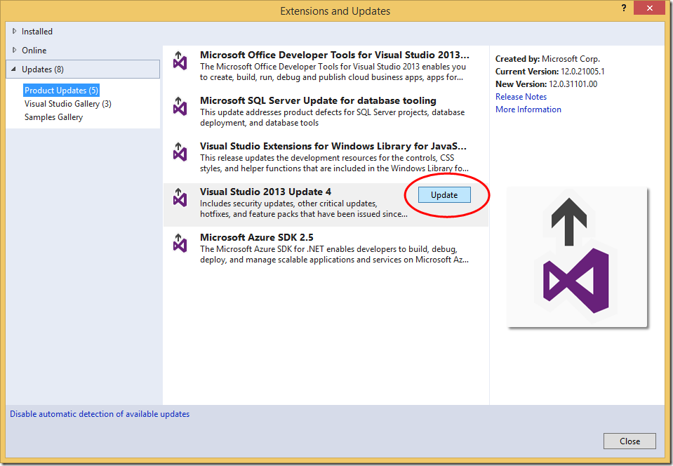 updates to MS Visual Studio 2013