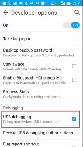 USB debugging mode on Android device